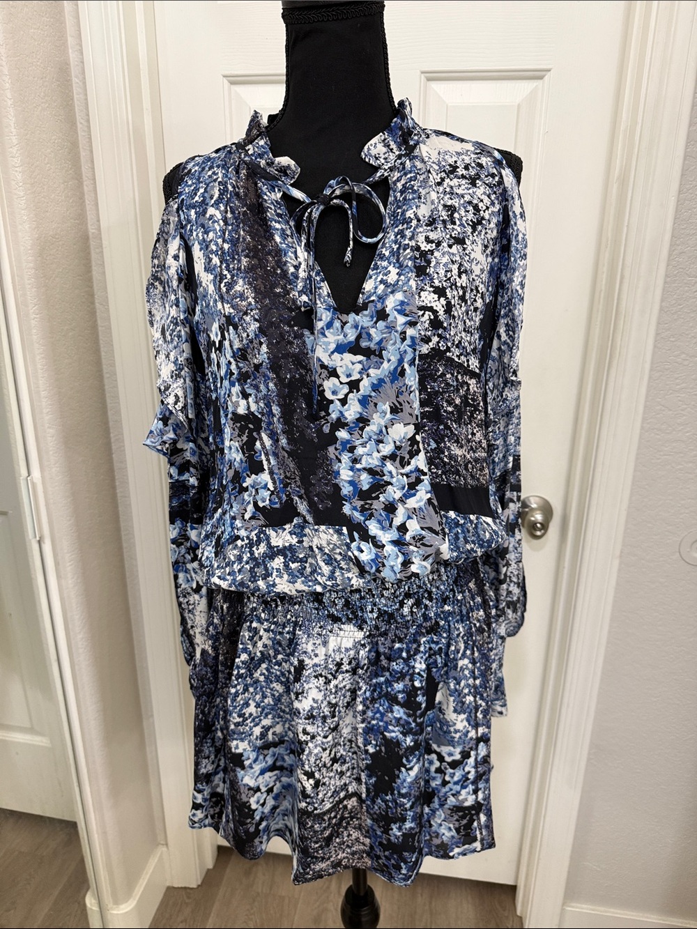 Blue Black White Floral Patchwork Dress